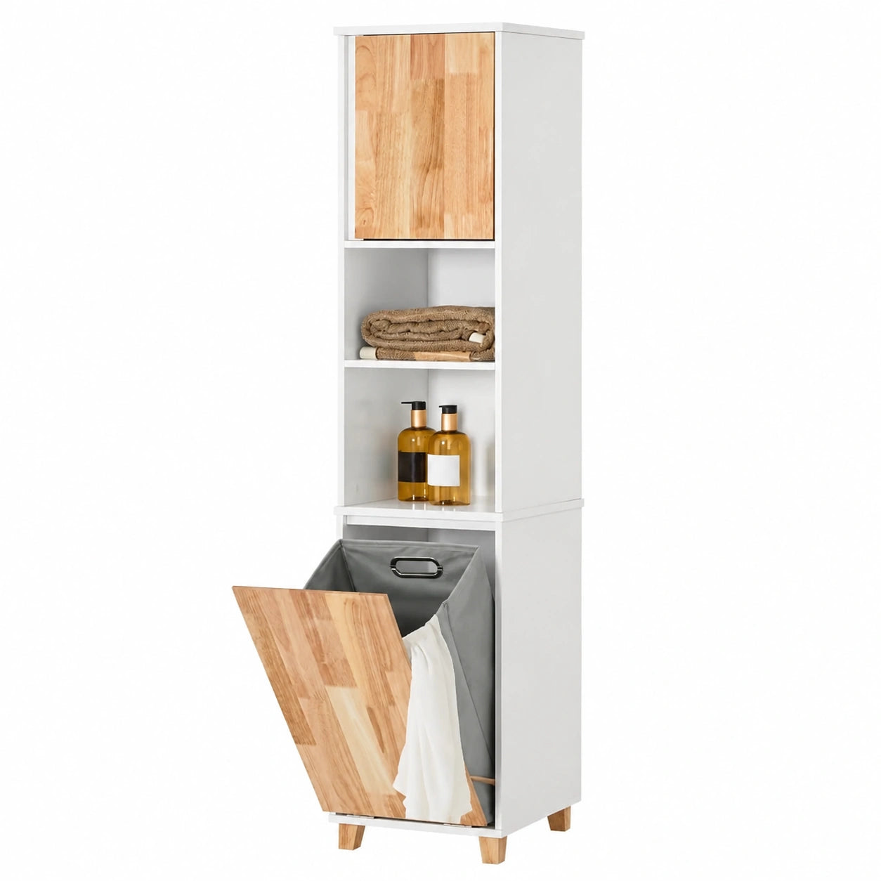 Armario Alto de Baño Resistente a la Humedad con Cesta para Ropa, Blanco 31x170x32 cm