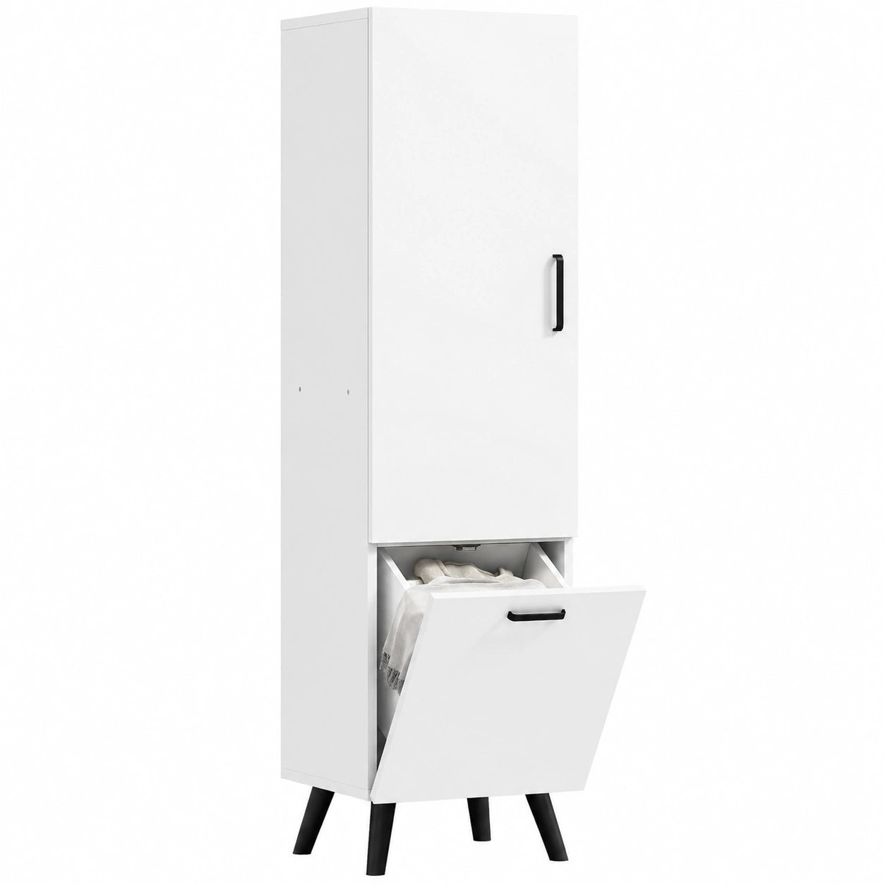 Armario Alto de Baño Blanco con Puerta Estrecha y Cesta de Ropa