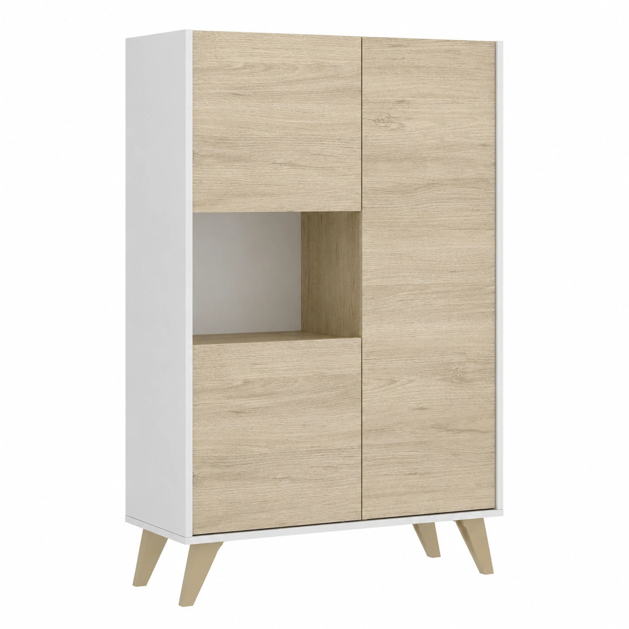 Aparador Alto Moderno con 3 Puertas en Blanco y Natural para Comedor