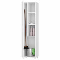 Armario Multifuncional con Ruedas y Estantes Ajustables, Espacio para Escobas y Fregonas, 1 Puerta Reversible, Color Blanco, 183x42x41 cm