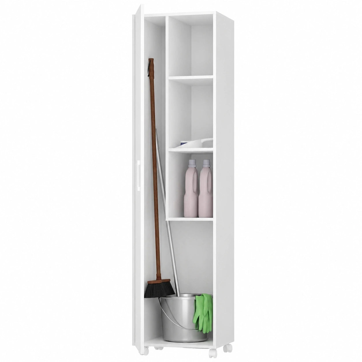 Armario Multifuncional con Ruedas y Estantes Ajustables, Espacio para Escobas y Fregonas, 1 Puerta Reversible, Color Blanco, 183x42x41 cm